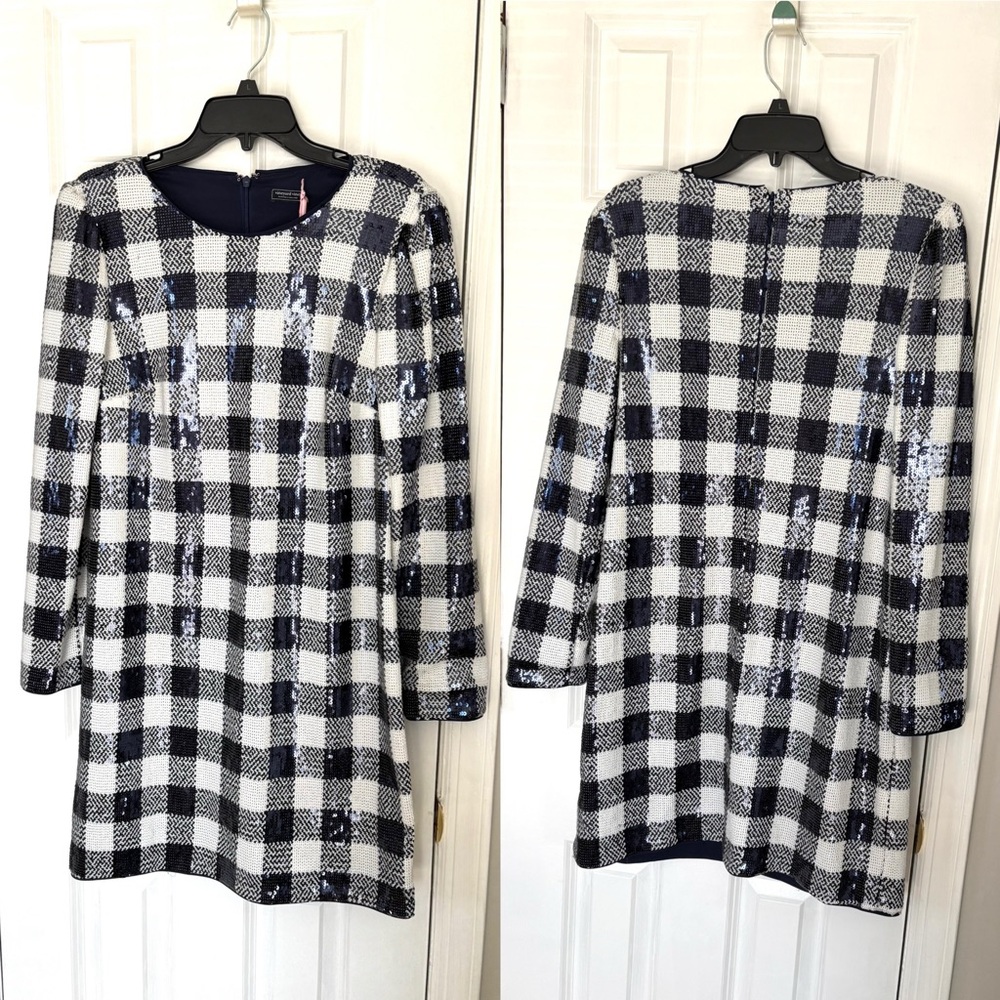 VINEYARD VINES•navy blue/white buffalo check sequin mini dress Medium NWT - Picture 2 of 7